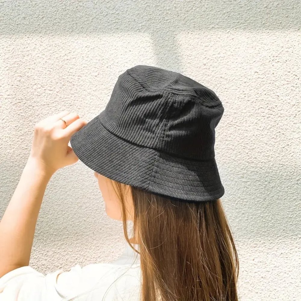 Solid Color Corduroy Bucket Hat Casual Lightweight Cap Simple Foldable Hat Black